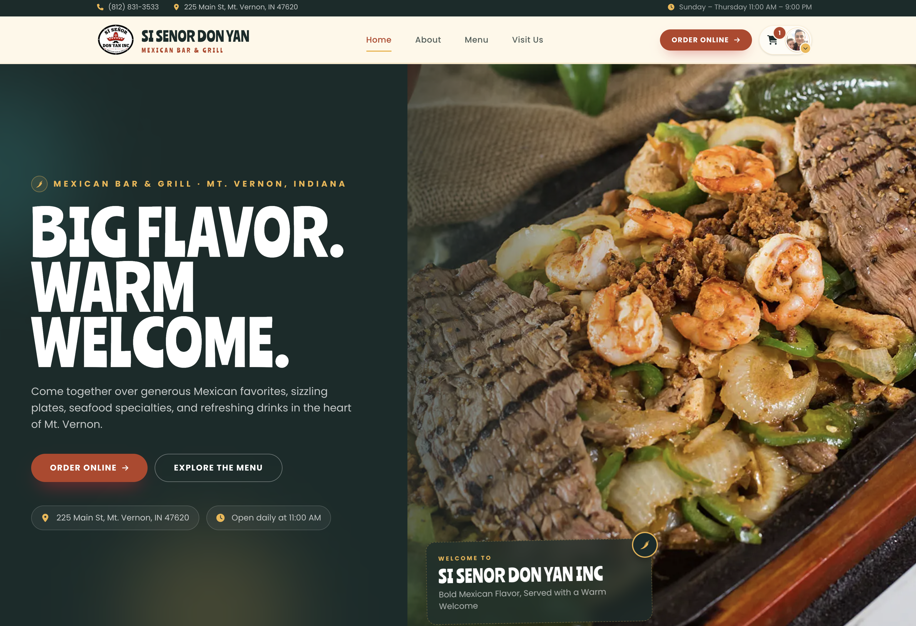 Si Señor Don Yan restaurant website with a bold welcome message, online ordering, and featured Mexican dishes